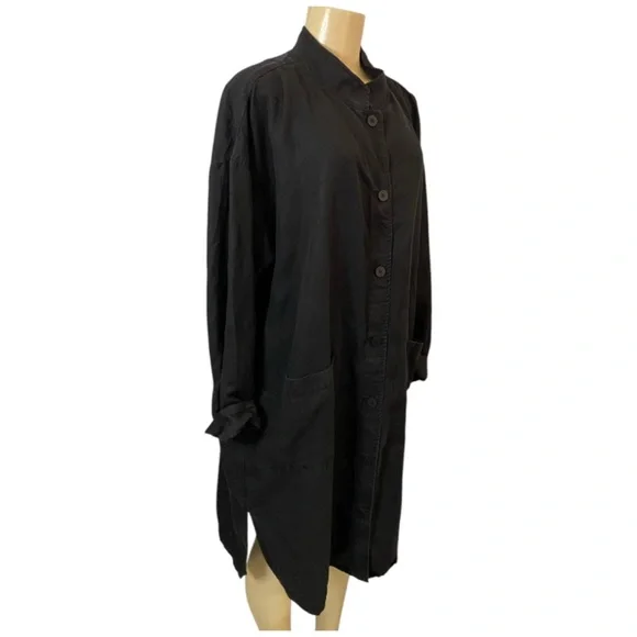 Eileen Fisher Tencel Linen Long Jacket Size M/L Black Button Down - Picture 6 of 10
